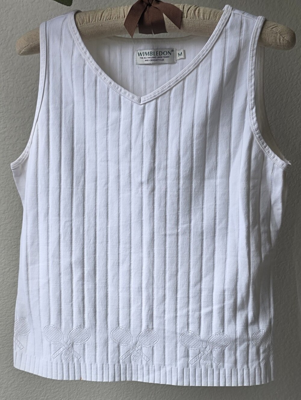 Wimbledon White Ribbed V-Neck Tennis Details